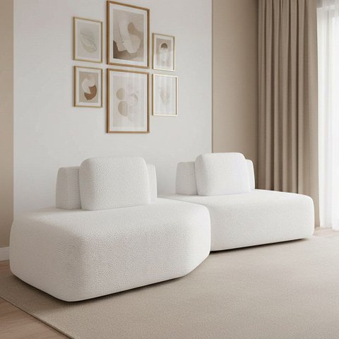 Sofá 2 Lugares Orgânico com Chaise e 1 Módulo Central Berlim Bouclê Off White K01 - D’Rossi