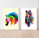 Ver imagem 2 de Kit 2 Quadros Decorativos Arte Cavalos Coloridos 45x34cm - com vidro:Madeira branca