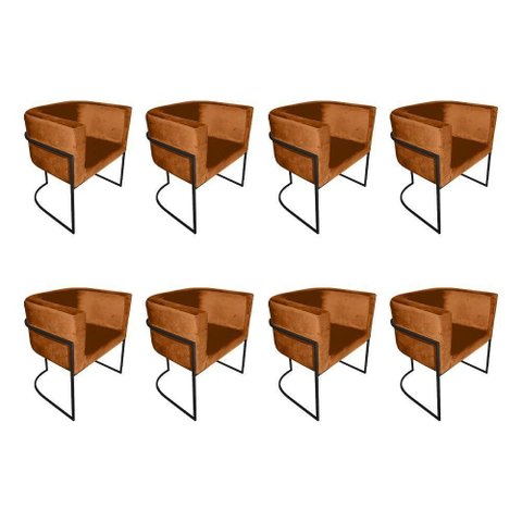 Kit 8 Poltronas Decorativa Sala de Estar Base de Ferro Preta Veludo Terracota Laranja