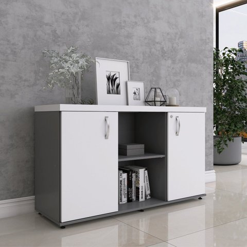 Armário Credenza 2 Portas Pivotante P25 Cinza/Grafito/Branco