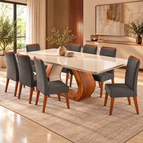 Conjunto Sala de Jantar 8 Lugares Retangular Tampo em Vidro e MDF Rubhe Yescasa Cinza/Mel/Off White