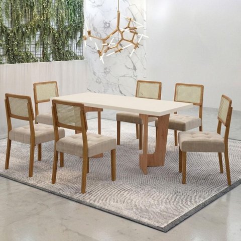 Mesa de Jantar Liz 160x80cm Vidro 40mm Cinamomo Off White com Kit 6 Cadeiras Veludo Bege - Valdemóve