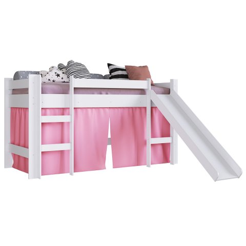 Cama Elevada com Escorregador e Cortina Bb1000 Branco/rosa - Completa Móveis Completa Móveis