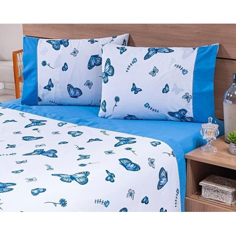 Jogo Lençol 4 Peças Viúva 198x108x25 100% Algodão 180 Fios Estampado Borboletas Azuis Fundo Azul