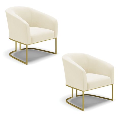 Poltrona Decorativa Industrial Dourado Kit 2 Stella Cotelê Ext/veludo Off White D03 - D’Rossi