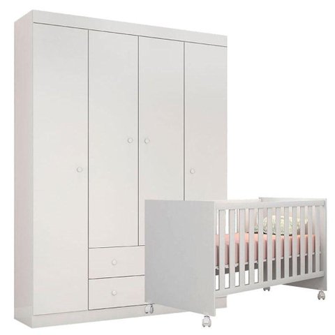 Berço Doce Sonho e Guarda Roupa Infantil Helena Branco Brilho - Phoenix