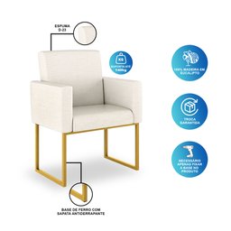 Poltrona Moderna Tecido Linho Cor Bege - Base Ferro Dourado - 3