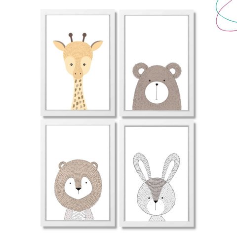 4 Quadros Decorativos Infantil Animais Escandinavos Safari:branca