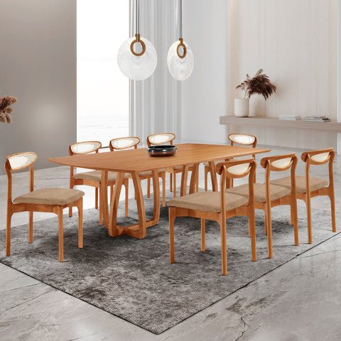 Conjunto de Mesa de Jantar Ello Tampo 240cm Barril Laminado e 8 Cadeiras Mônaco Premium Marrom/Linho Palha/Imbuia/Cinamomo