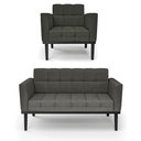 Ver imagem 2 de Conjunto Poltrona e Namoradeira Decorativa Karen Pés Fixo em Madeira Preto Linho Cinza Mesclado G19