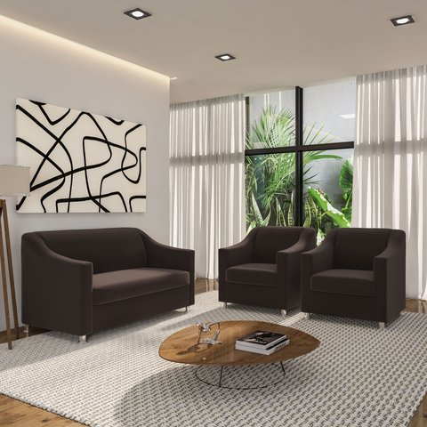 Recepção Clínica Sofisticada: Namoradeira 2l + 2 Poltronas Marrom