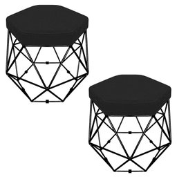 Kit 02 Puffs Banco Aramado Hexagonal Preta Suede Preto - 1
