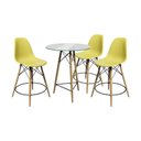 Ver imagem 1 de Conjunto Mesa Bistrô Eames Eiffel Vidro Com 3 Banquetas Amarelas De Madeira - Cor: Amarelo