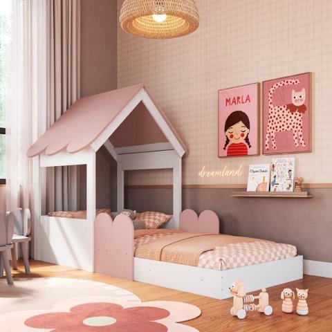 Cama Infantil Montessoriana Casinha com Grade MDP Branco e Rosa Completa Móveis 108cm Solteiro