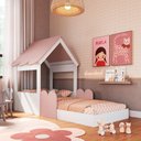 Ver imagem 1 de Cama Infantil Montessoriana Casinha com Grade MDP Branco e Rosa Completa Móveis 108cm Solteiro