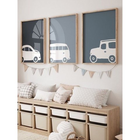 Kit 3 Quadros Infantil Carros Quarto Bebê Menino 40x60 Moldura Madeira NO3