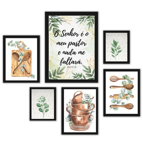 Composição 6 Quadros Cozinha - Folhas - com Vidro:madeira Preta