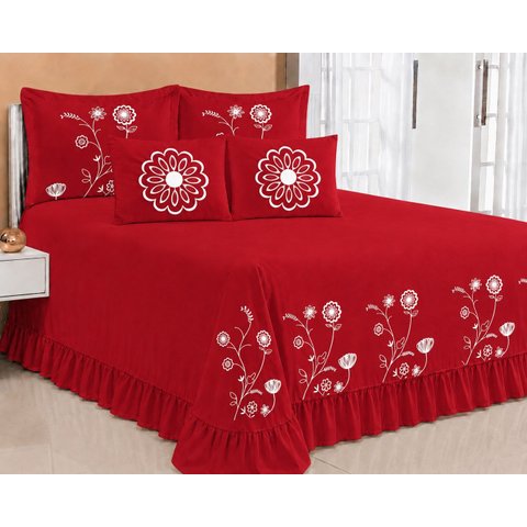 Kit Cobre Leito Casal Queen Encanto 07 Peças Bordado Colcha - Vermelho