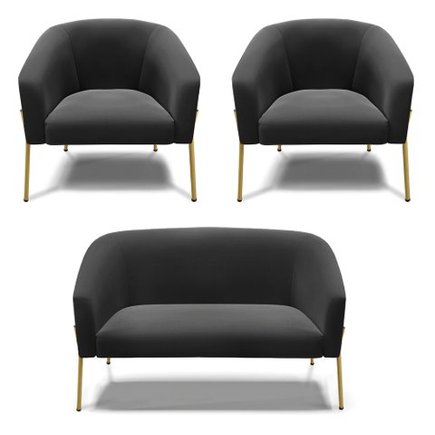 Sofá Namoradeira e 2 Poltronas Pé de Ferro Dourado Stella Suede D03 - D'Rossi Preto