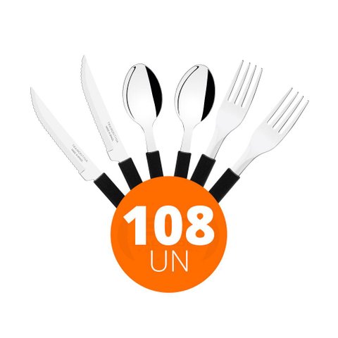 KIT - Jogo de Facas, Garfos e Colheres Leme 108 Peças em Aço Inox Cabo Preto PBAG - Tramontina