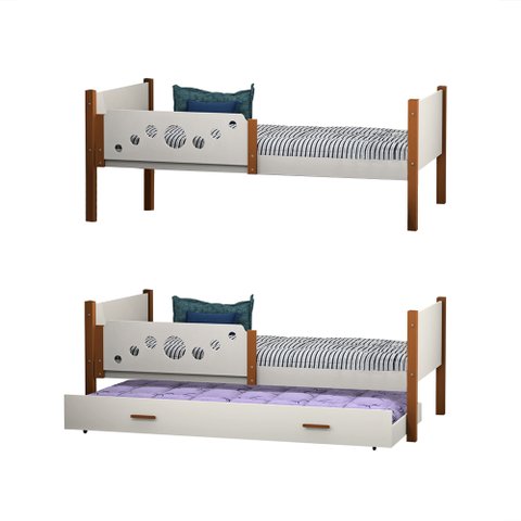 Kit 2 Camas Infantil Solteiro Star com 1 Cama Auxiliar - Branco/mel - Divaloto Móveis