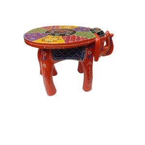 Banqueta - Elefante - Madeira - Pequeno - Pintado À Mão - Preto e Colorido