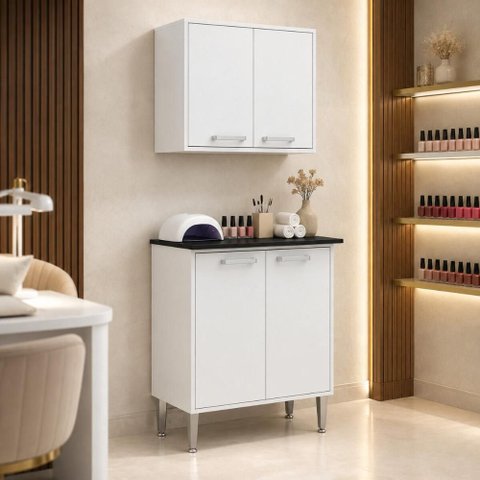 Kit Balcão/Mesa de Manicure com Armário Aéreo 4 Portas 70cm Multimóveis MP6109 Branco