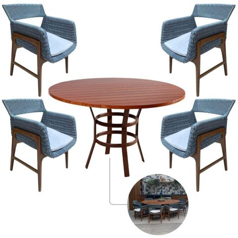 Conjunto Mesa Redonda e 4 Poltronas Vila Real Contemporâneo Madeira Cinza Nossa Kasa