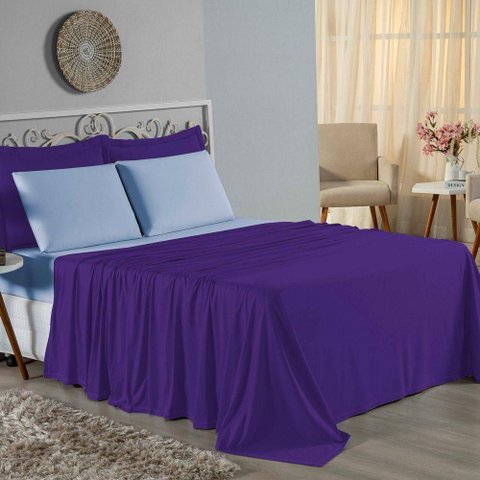 Jogo de Cama Casal Nobre 4 Peças Lençol com Elástico de 30cm de Altura Malha 100% Algodão - Roxo