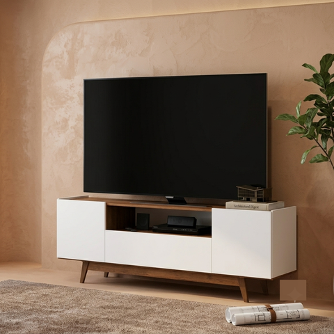 Rack Porto Belo para TV até 72" Branco e Mel com 2 Portas e Pés Retrô - Mademóvel