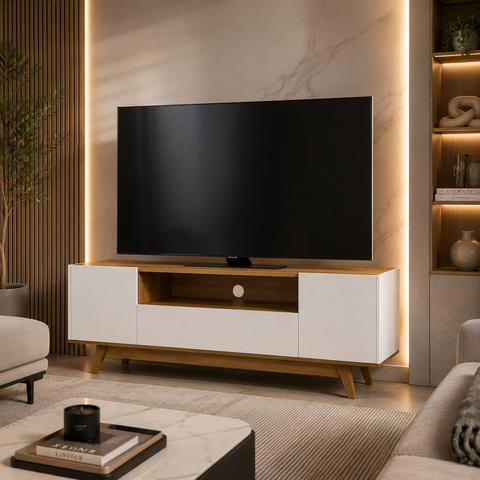 Rack para TV até 72 Polegadas 180cm 2 Portas Porto Belo Branco/Mel - Mademóvel
