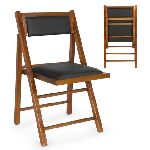 Cadeira Dobrável Rústica Castanho de Madeira com Estofado - Preto