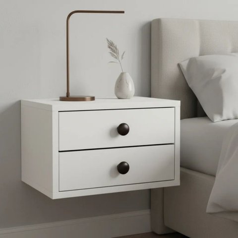 Mesa Cabeceira Suspensa Retrô 40cm com 2 Gavetas MDF 15mm Branco Mesa de Cabeceira Montada Puxador m