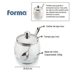Açucareiro Vidro com Colher Tampa de Inox Mesa 250g Andrea - 2
