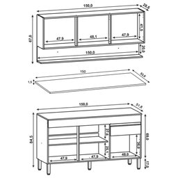 Armário de Cozinha e Balcão com Tampo 150cm Lina K02 Vanilla/Freijó - Mpozenato - 4