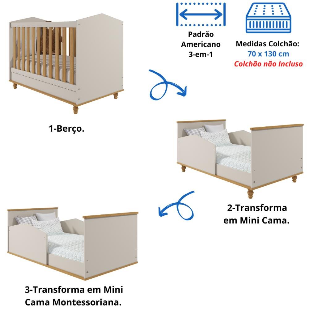 Berço Americano 100% Mdf 3 em 1 Mini Cama Montessoriana Off White - 3