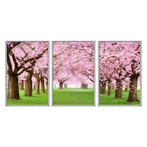 Kit 03 Quadros Decorativos - Cerejeiras Rosas no Parque Flnt020k - Vidro com Impressão Uv - 60x80cm