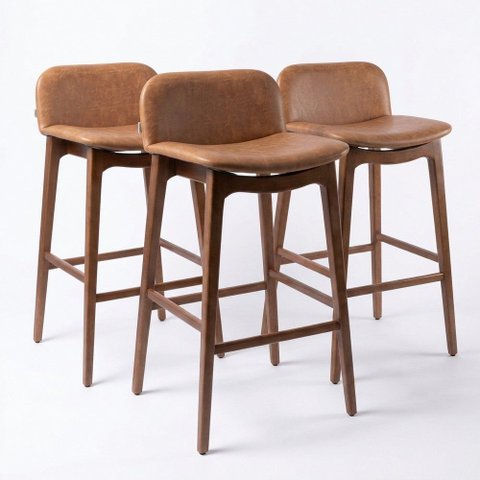 Kit 03 Banquetas Altas Arabella Madeira Maciça Estofada Encosto Curvo Facto Camel - Desk Design