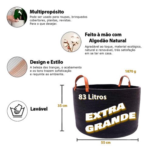 Cesto Cordas Algodão Alça Couro Organizador Redondo Extra Grande Decorativo Multiuso - 5