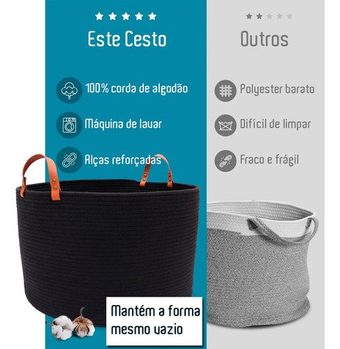 Cesto Cordas Algodão Alça Couro Organizador Redondo Extra Grande Decorativo Multiuso - 8