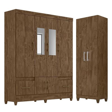 Guarda Roupa Casal Ms912 com Espelho e Armário Multiuso New Íris Castanho Wood - Moval