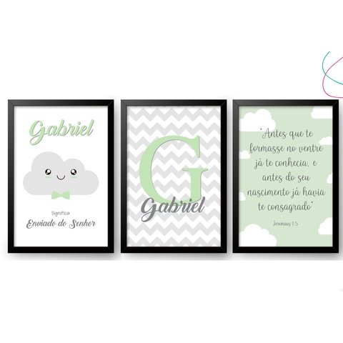 Kit com 3 Quadros Decorativos Infantil Nuvem Verde C/moldura: Preta