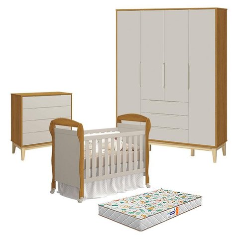 Quarto de Bebê 4 Portas com Cômoda Gaveteiro Elfe Classic e Berço Americano Danny Areia Savana Aceti