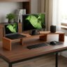 Suporte de Mesa Base Elevada Ajustável 3 Monitores Gamer Notebook Madeira Natural - 1
