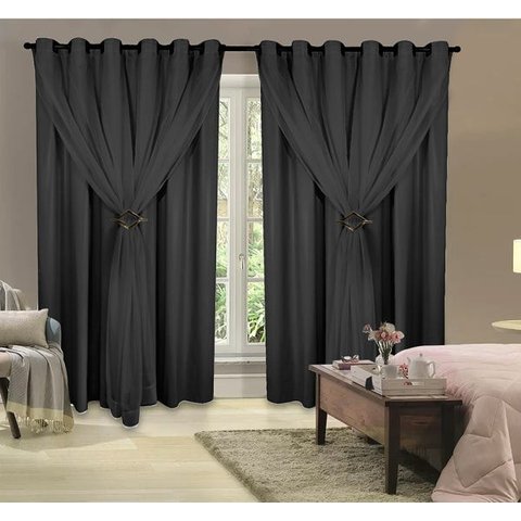 Cortina Voil com Forro Blackout PVC Preto 4,00M x 2,40M 100% Corta Luz com para Varão Simples
