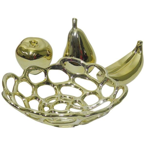 Fruteira Ouro Dourada Kit Maça Pera Banana Decoração Ceramica - 1