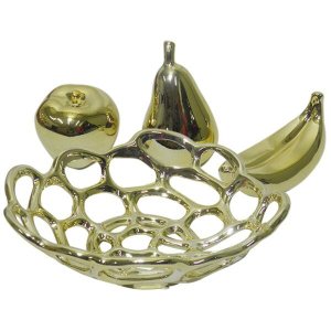 Fruteira Ouro Dourada Kit Maça Pera Banana Decoração Ceramica