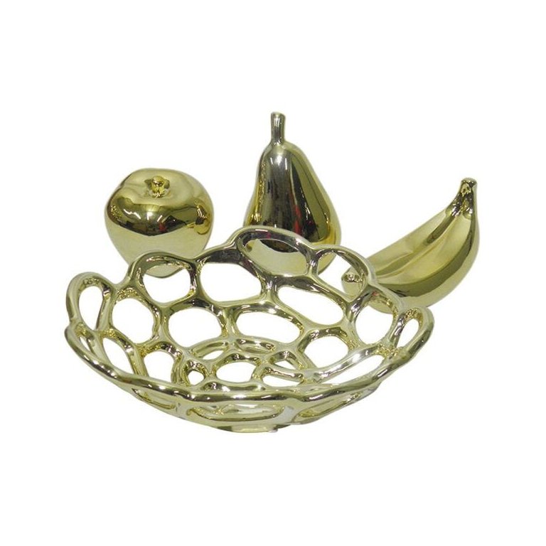 Fruteira Ouro Dourada Kit Maça Pera Banana Decoração Ceramica