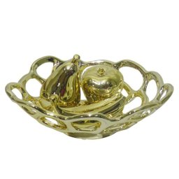 Fruteira Ouro Dourada Kit Maça Pera Banana Decoração Ceramica - 2