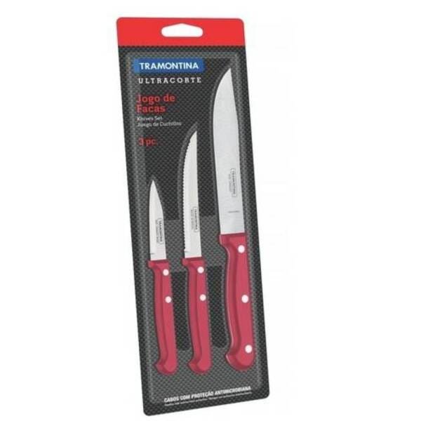 Jogo De Facas Tramontina Inox Ultracorte Vermelho 3 Peças - 1
